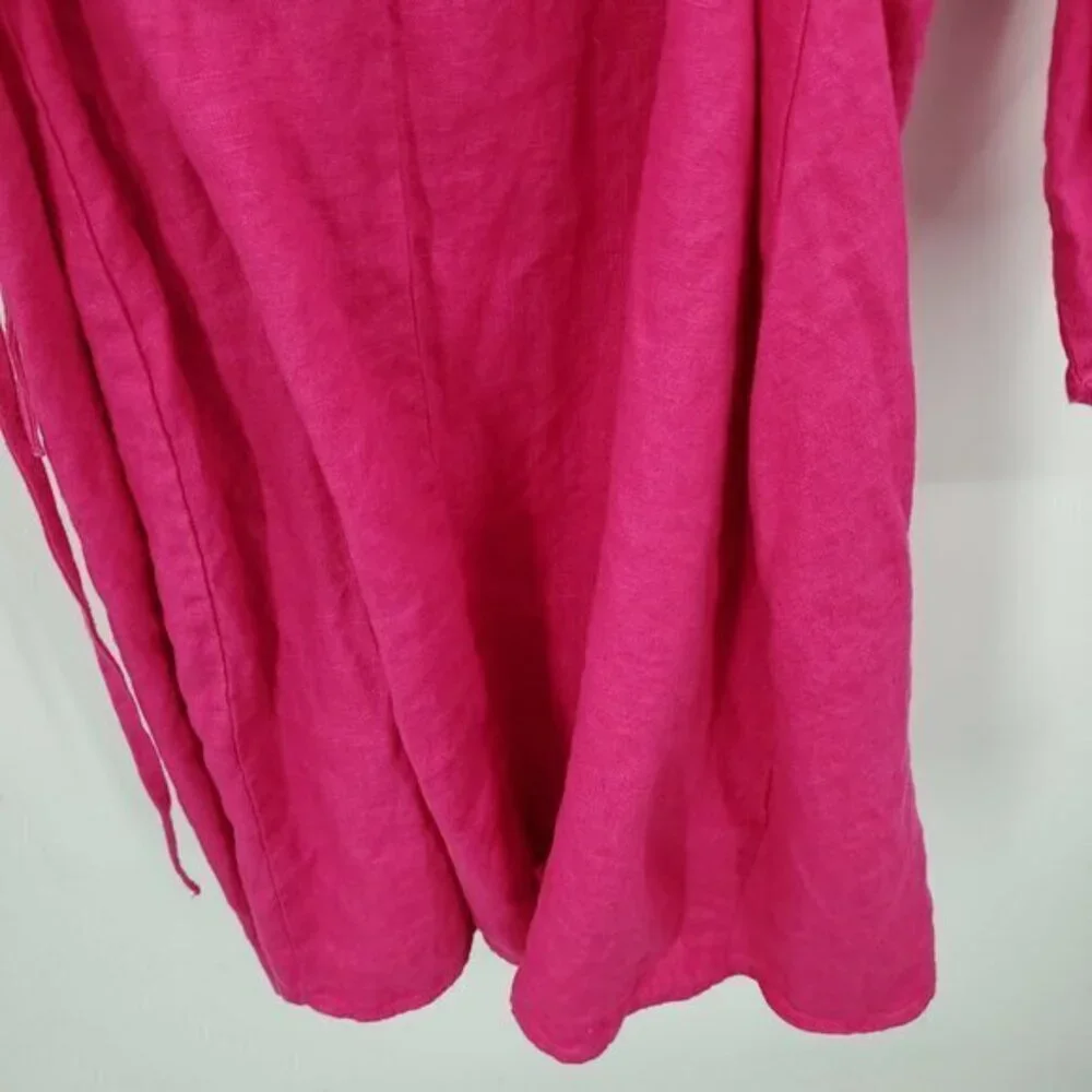 Mango 100% Linen Fuchsia/Barbie Pink Collared Wrap Dress 12